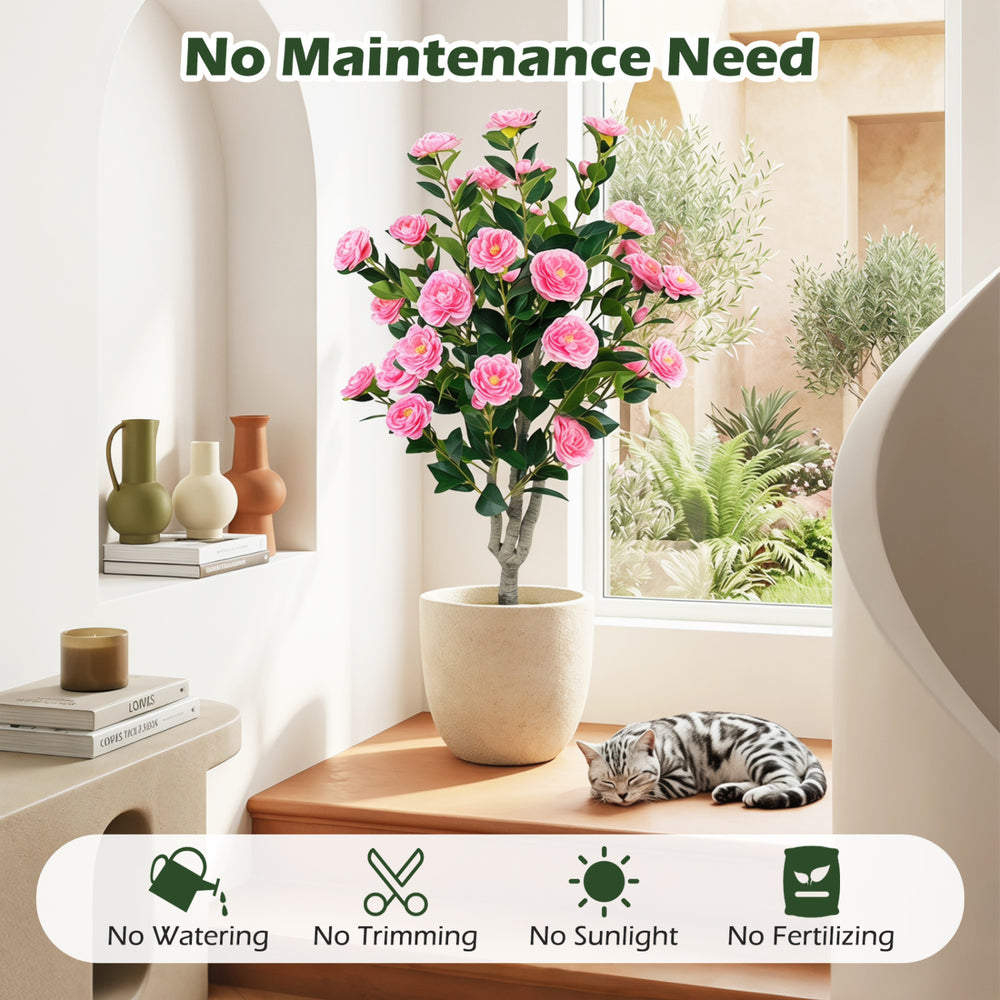 Artificial camellia tree with pink blossoms in a cement pot, perfect for low-maintenance indoor or outdoor decoration.