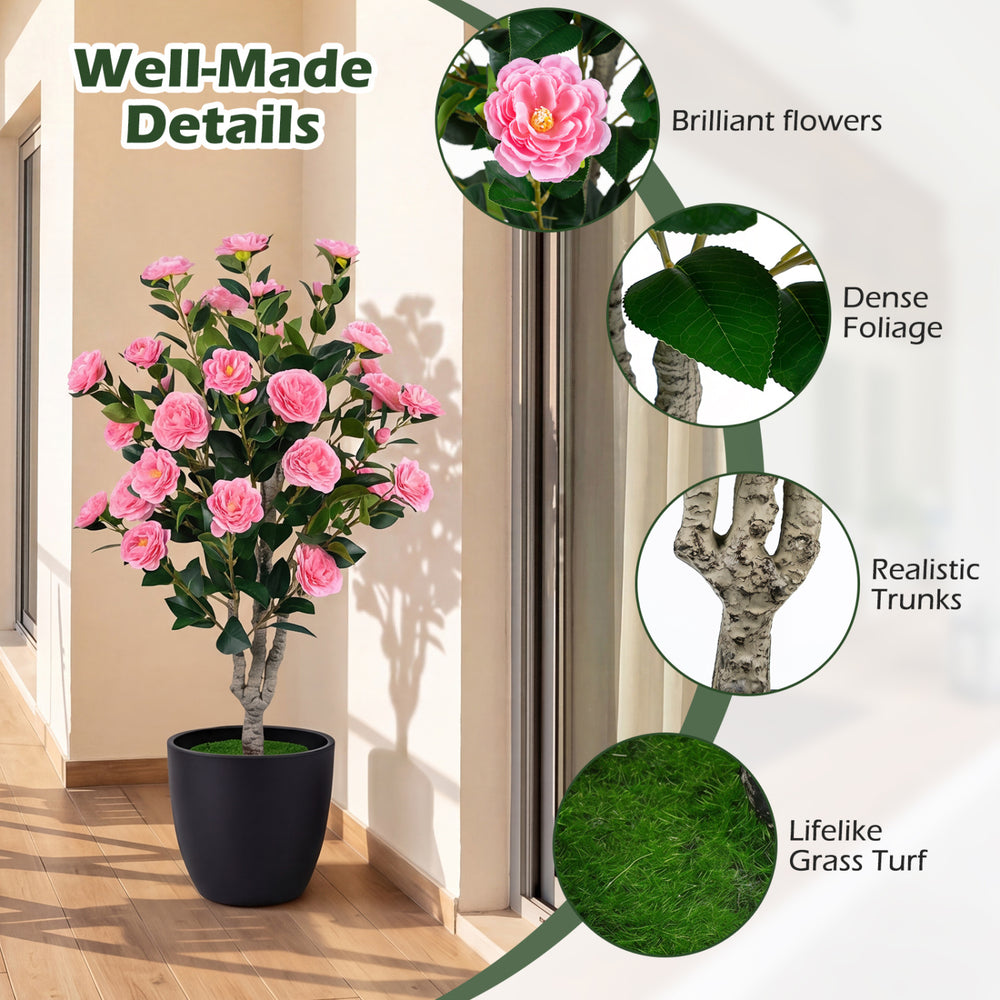 Artificial camellia tree with vibrant orange flowers and dense foliage in a cement pot, perfect for outdoor decoration.