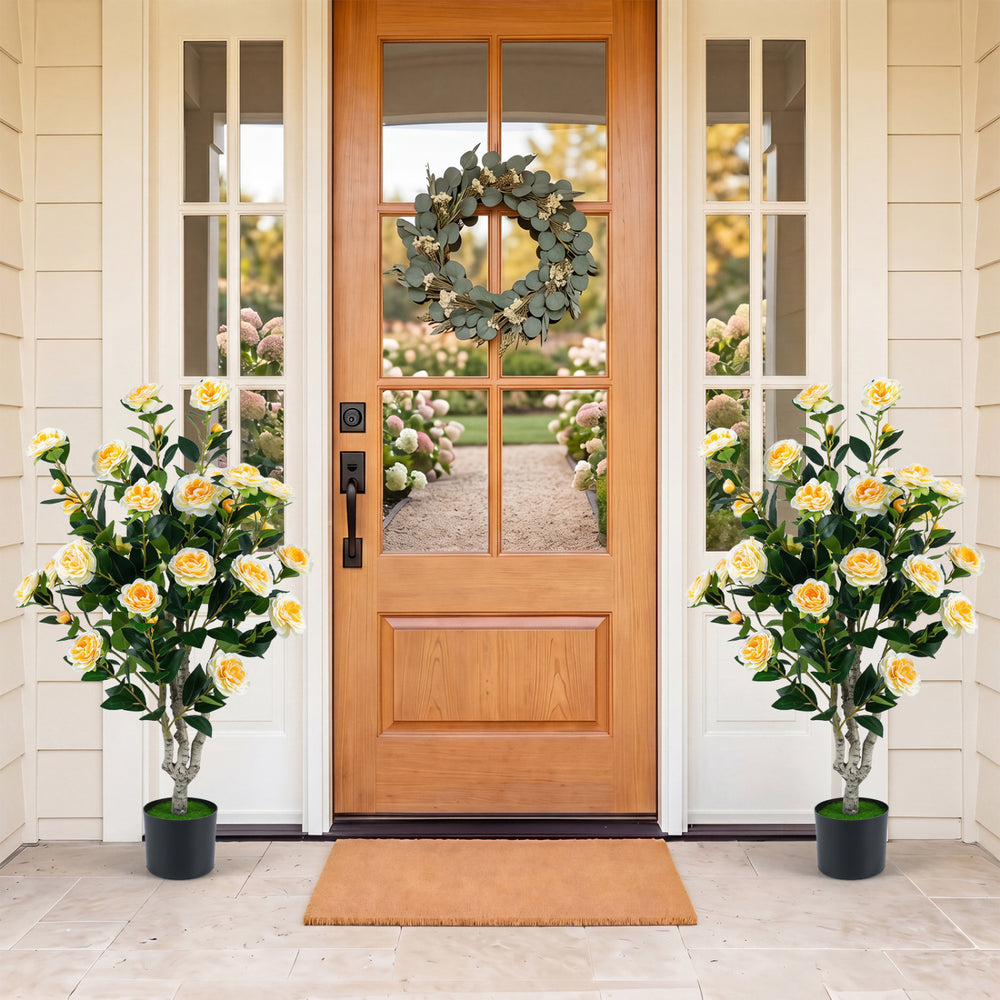 Set of 2 39.5" Artificial Camellia Tree with Orange Blossoms in Cement Pot for Decoration-White - Gallery View 1 of 9