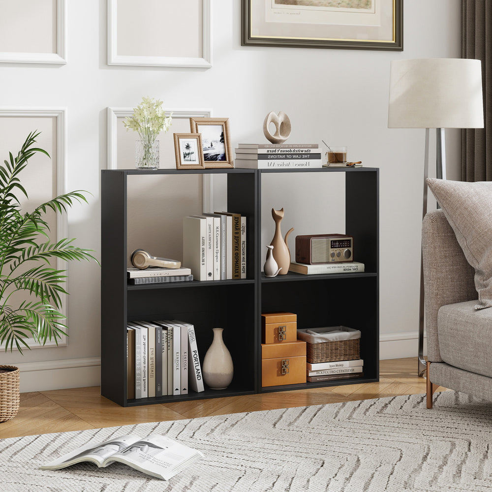 Black 3-tier bookshelf with open storage compartments, ideal for organizing books and decor in any living space.