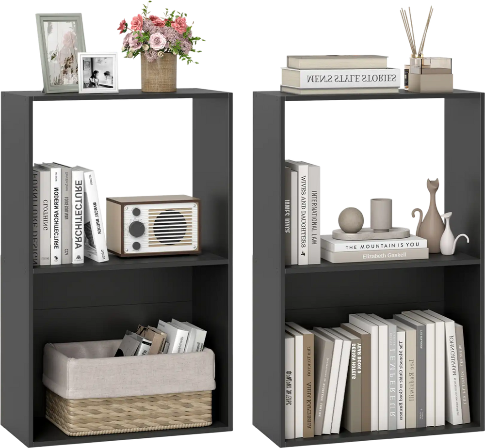 Set of 2 black 3-tier bookshelves with open storage compartments, ideal for organizing books and decor in any room.