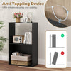 3-tier black bookshelf with open storage, anti-toppling device, ideal for organizing books and decor in any room.