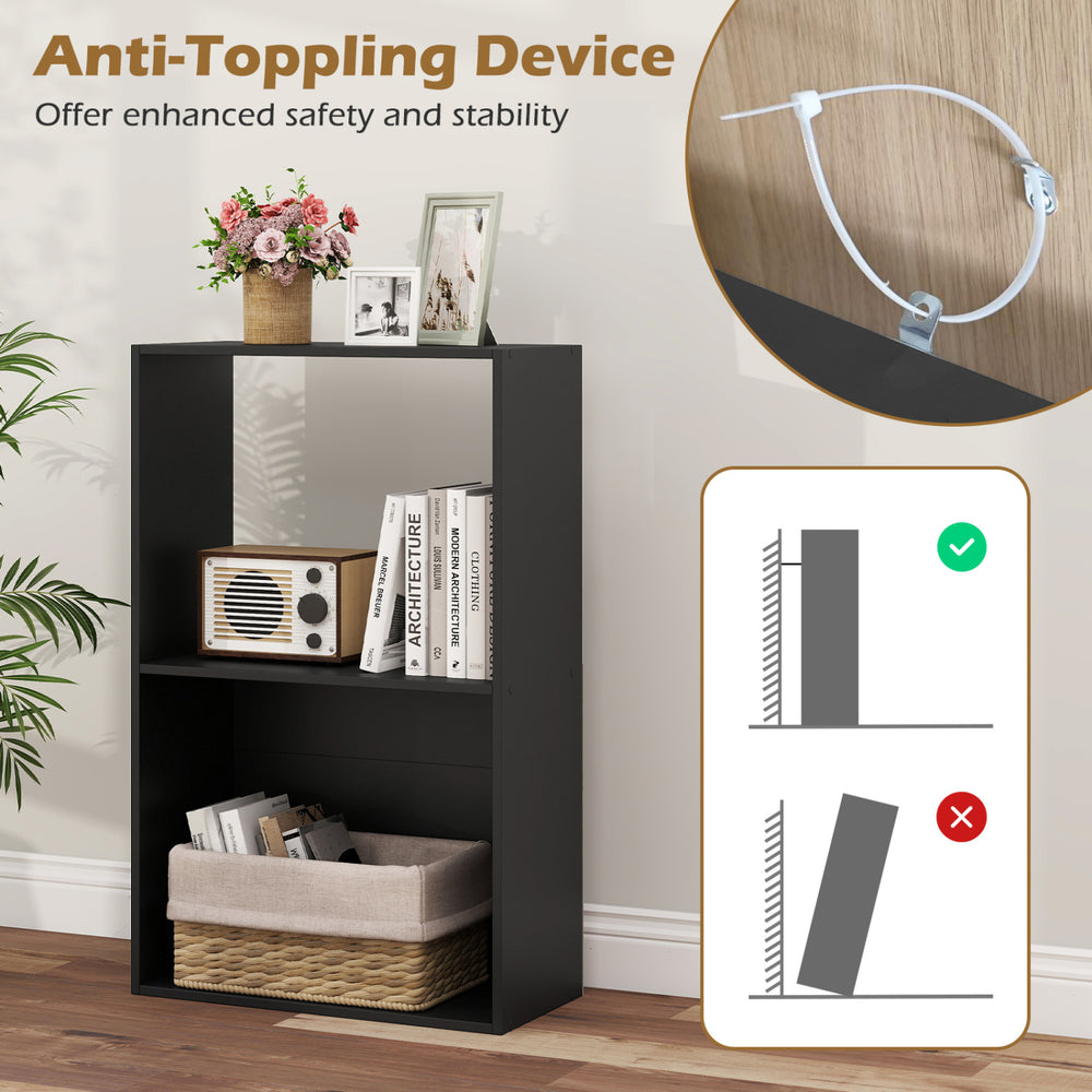 3-tier black bookshelf with open storage, anti-toppling device, ideal for organizing books and decor in any room.