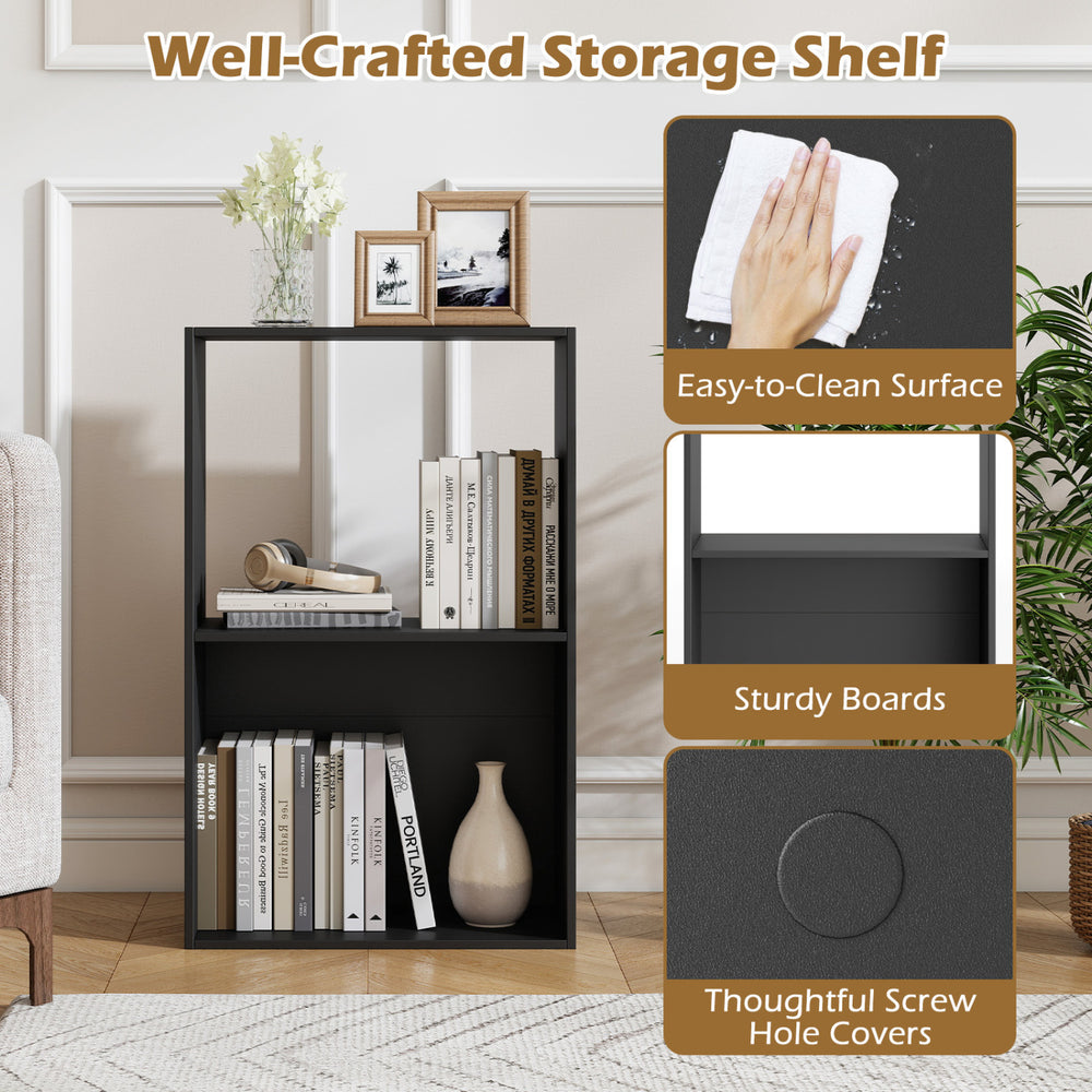 3-tier black bookshelf with open storage, sturdy boards, and easy-to-clean surface, perfect for home organization.