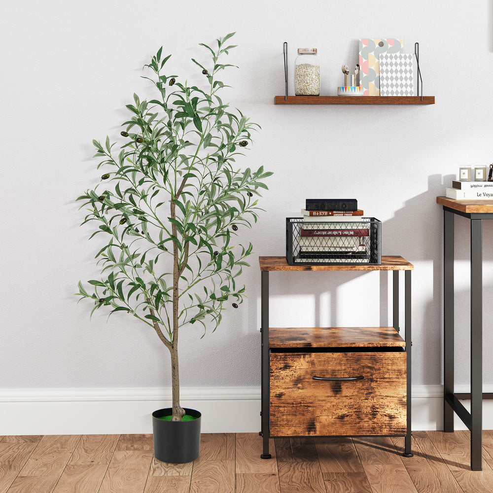 Tall artificial olive tree with realistic fruits in a cement pot, perfect for home or office decoration.