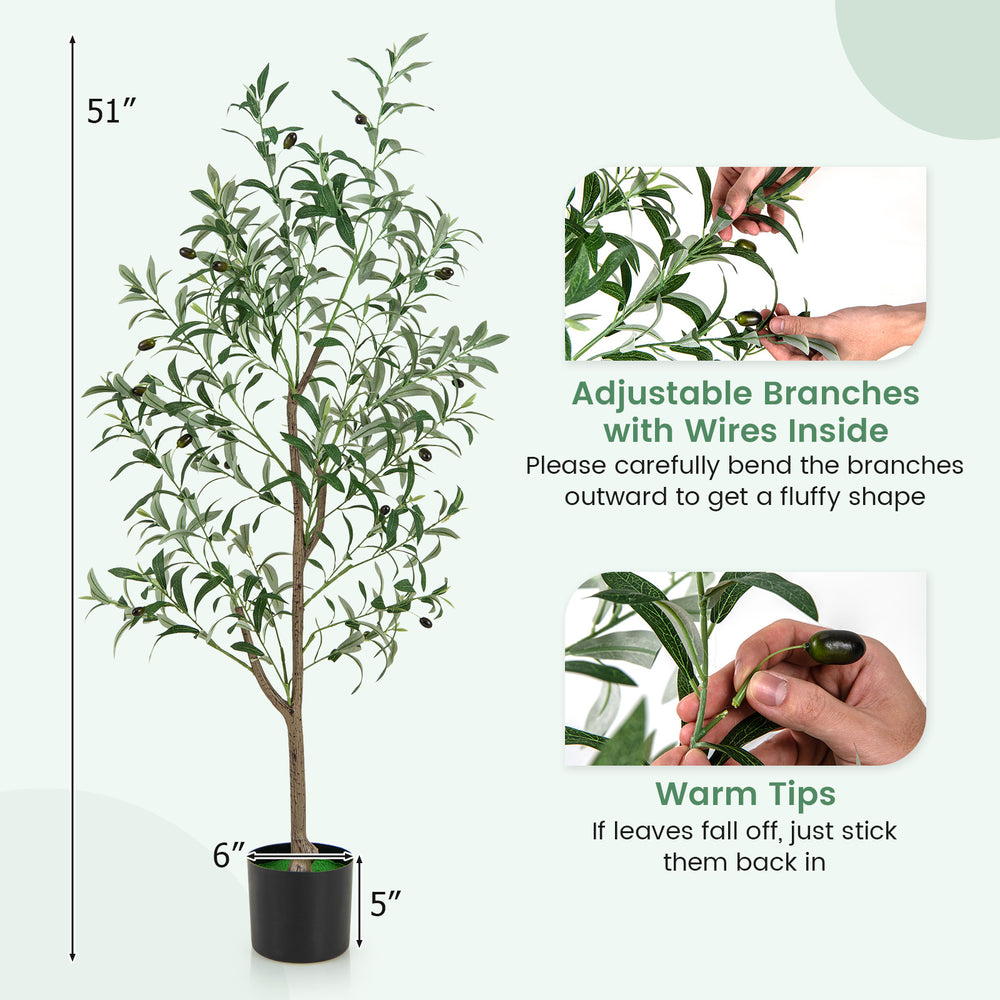 4.5 feet tall artificial olive tree with realistic fruits, adjustable branches, and solid cement pot for home decor.
