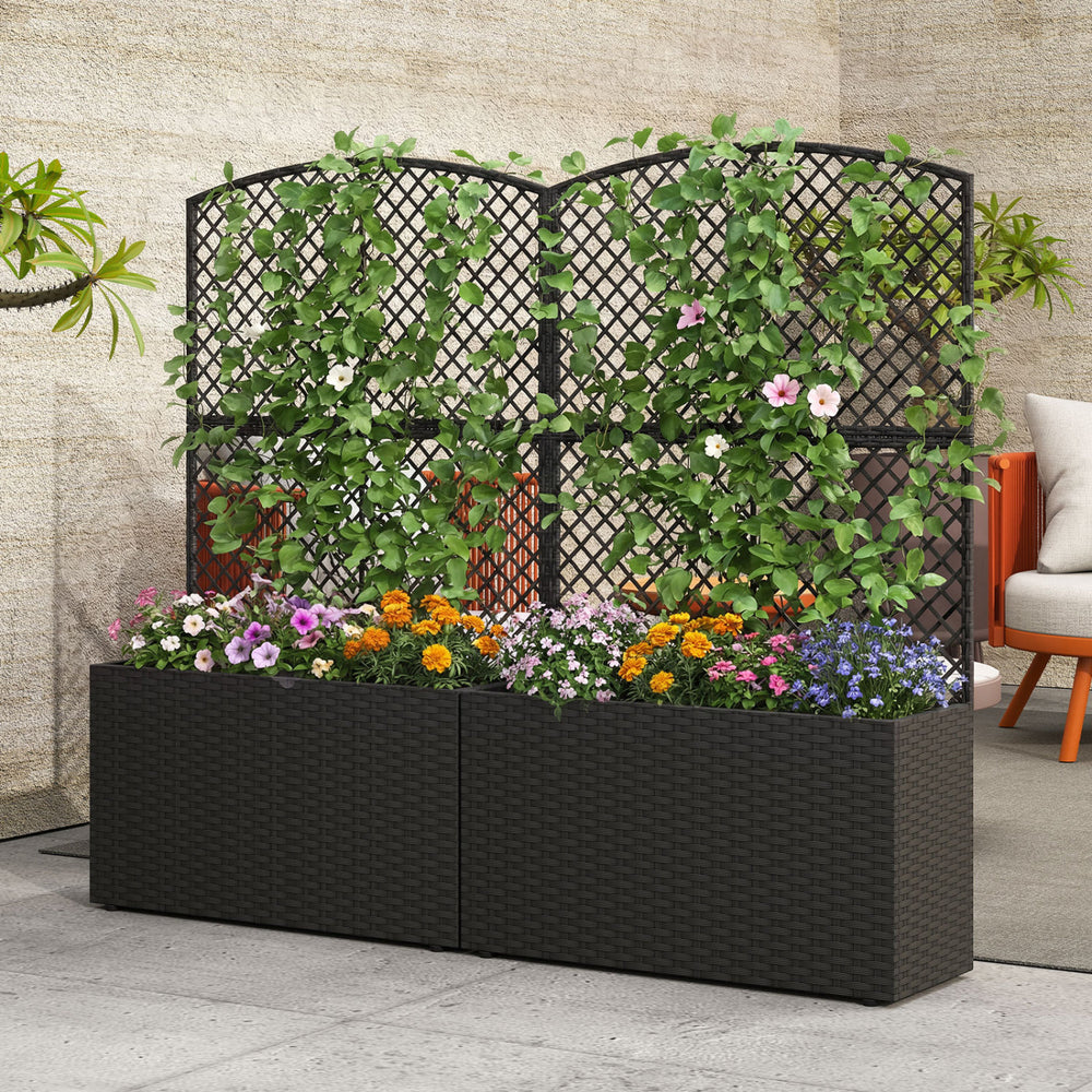 Set of 2 raised garden beds with trellis, crafted from PE rattan, ideal for flowers and climbing plants in outdoor.