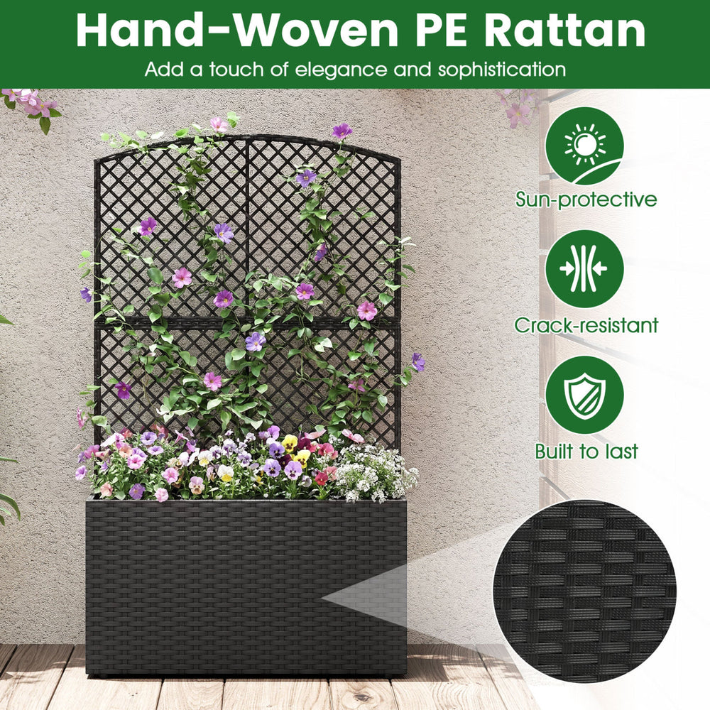 Raised garden bed with trellis and wicker planter box in black, crafted from durable PE rattan for outdoor gardening.