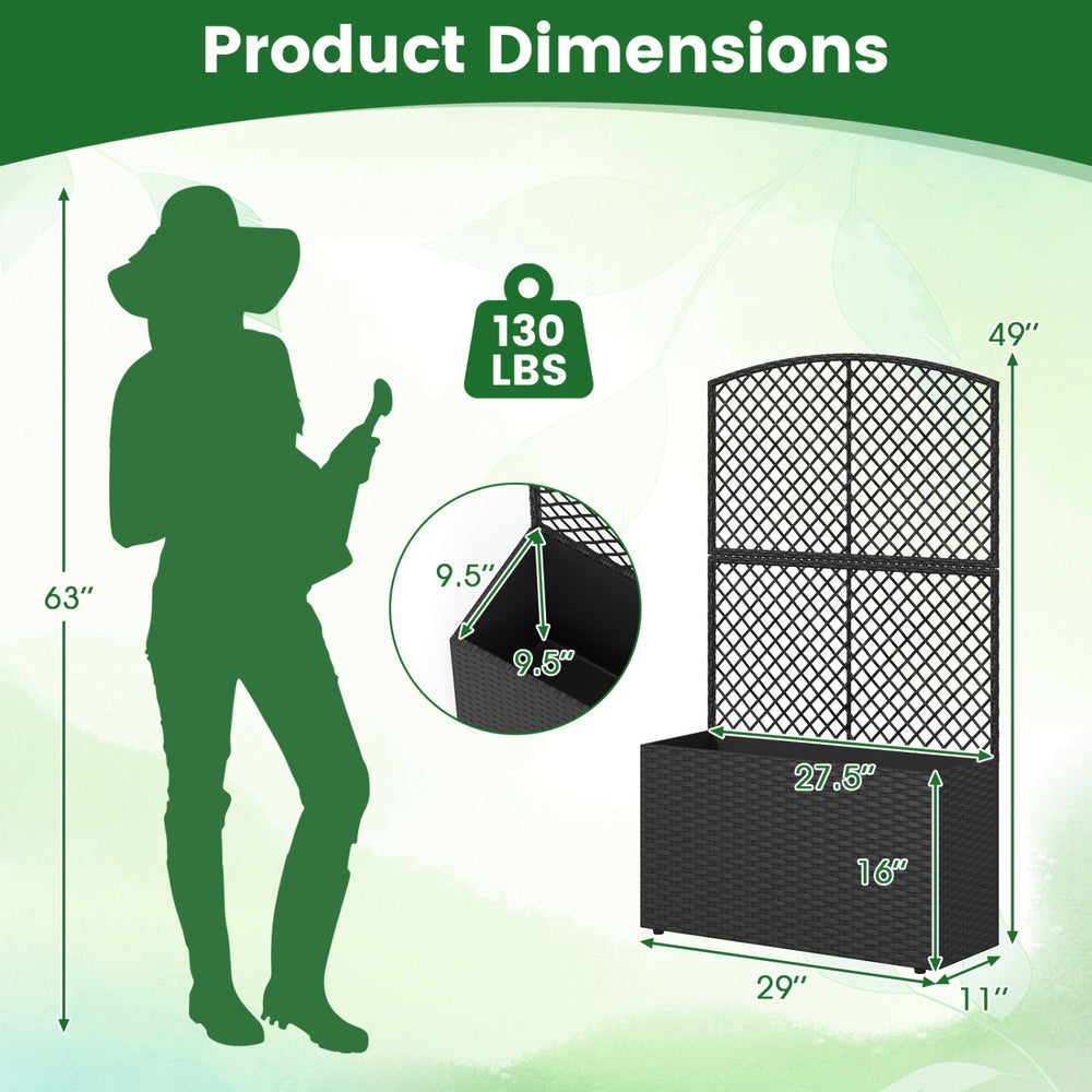 Dimensions of the 49-inch raised garden bed with trellis and wicker planter box, supporting up to 130 lbs for versatile.