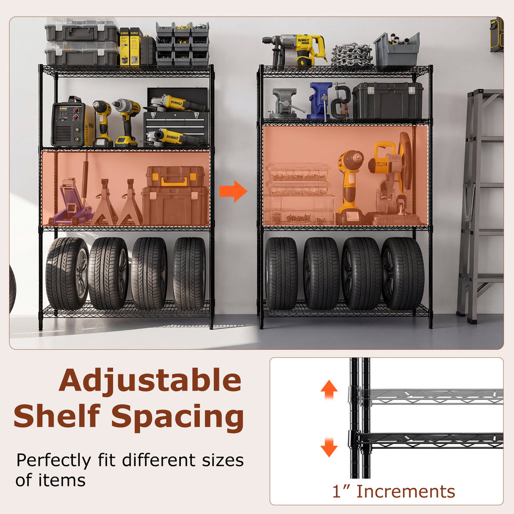 4-tier metal storage shelving unit with adjustable shelves, V-shaped wire racks, ideal for garage or basement.