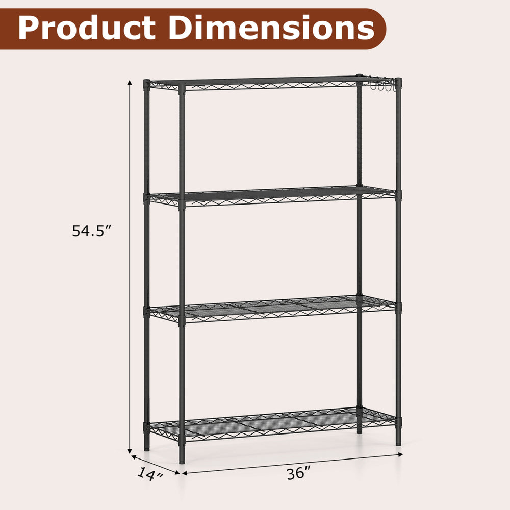 4-tier metal storage shelving unit in black, measuring 54.5" x 36" x 14", with a 1000 lbs capacity for versatile.