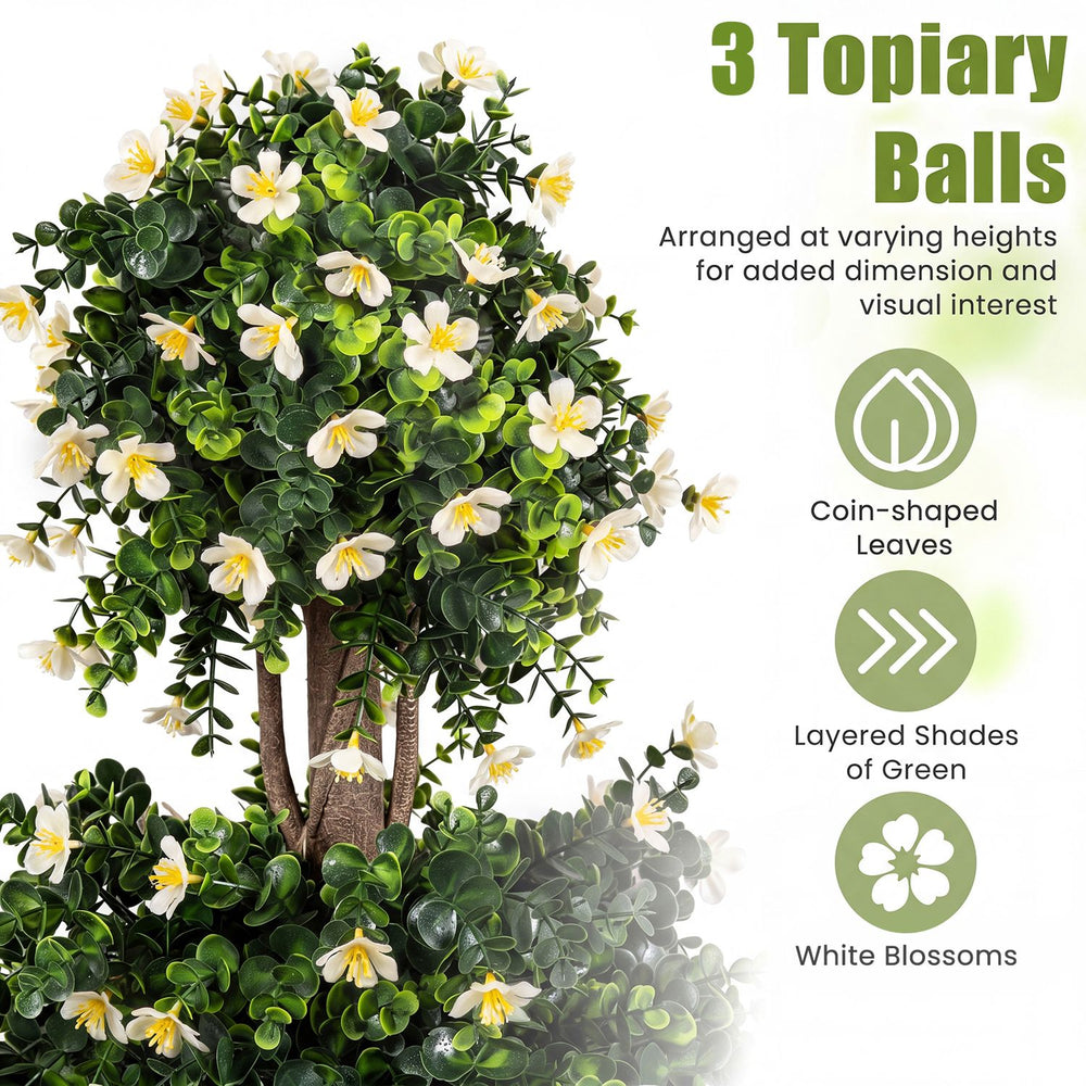 Set of 2 artificial topiary trees featuring 3 sun-resistant balls, white blossoms, and realistic foliage for versatile decor.