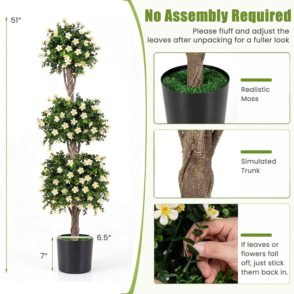 Three topiary balls on a 51" artificial tree with white blossoms, perfect for home decor and maintenance-free greenery.