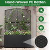 Hand-woven PE rattan raised garden bed with trellis, black wicker planter box for outdoor vertical gardening.