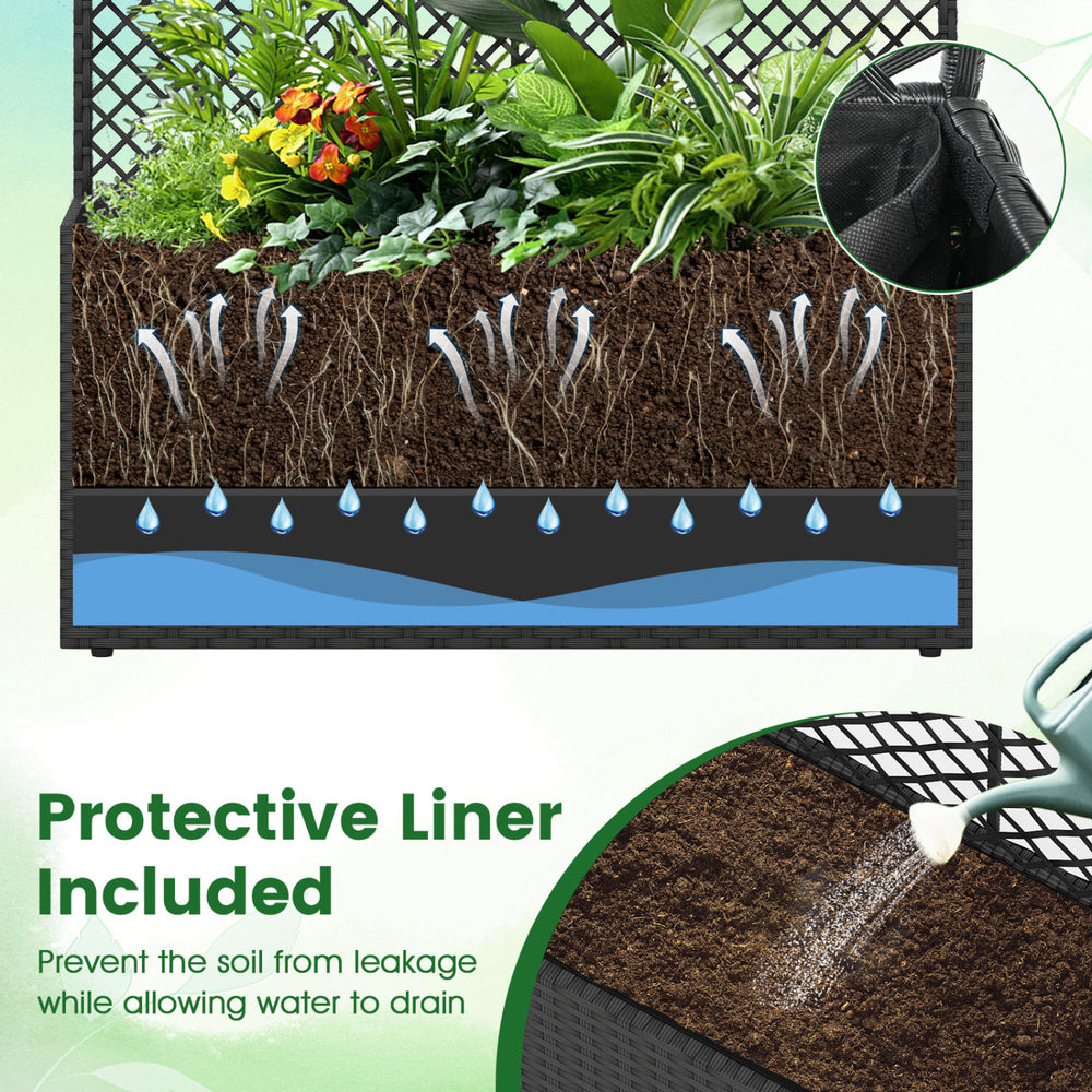 Close-up of the protective liner in a 58-inch raised garden bed, preventing soil leakage while allowing drainage.