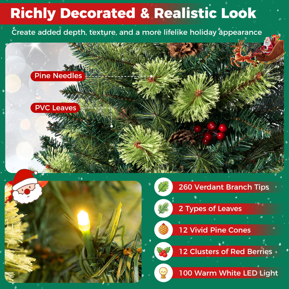 Set of 2 5 Feet LED Christmas Tree with Red Berries Pine Cones and 260 Branch Tips - Gallery View 8 of 8