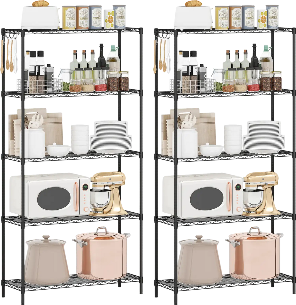 5-tier black metal storage shelving unit set with adjustable shelves, ideal for organizing kitchen and pantry items.