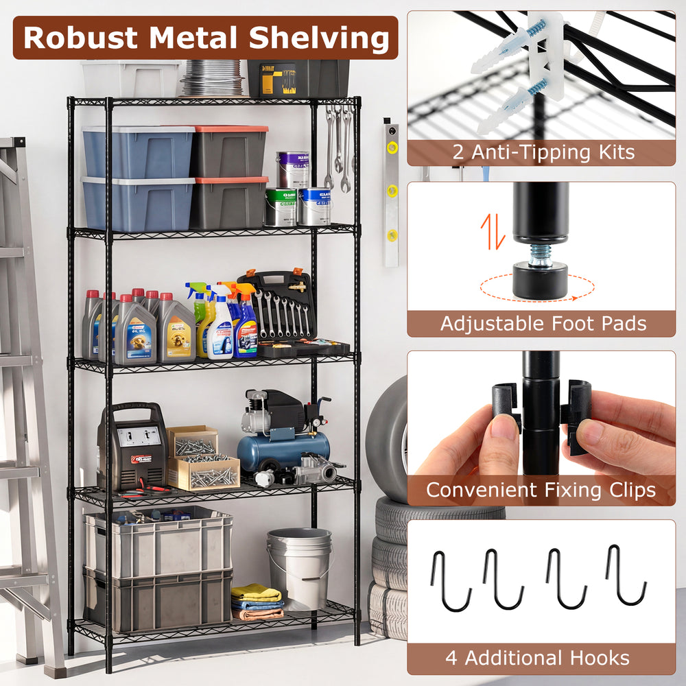 5-tier black metal shelving unit with adjustable shelves, anti-tipping kits, and 4 removable hooks for versatile.