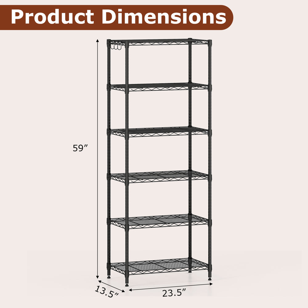6-tier black metal storage shelving unit dimensions, featuring adjustable shelves and a 900 lbs capacity for versatile.