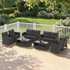 Patio rattan conversation set featuring a coffee table, loveseat, and two sofas, perfect for outdoor relaxation.