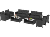 Black 8-piece patio rattan conversation furniture set with glass top coffee table, ideal for outdoor relaxation.