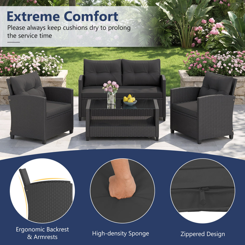 Patio rattan conversation set featuring a coffee table, loveseat, and two single sofas with thick cushions for outdoor comfort.