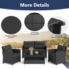 Black patio rattan conversation set with a glass top coffee table, featuring ergonomic design and weather-resistant materials.