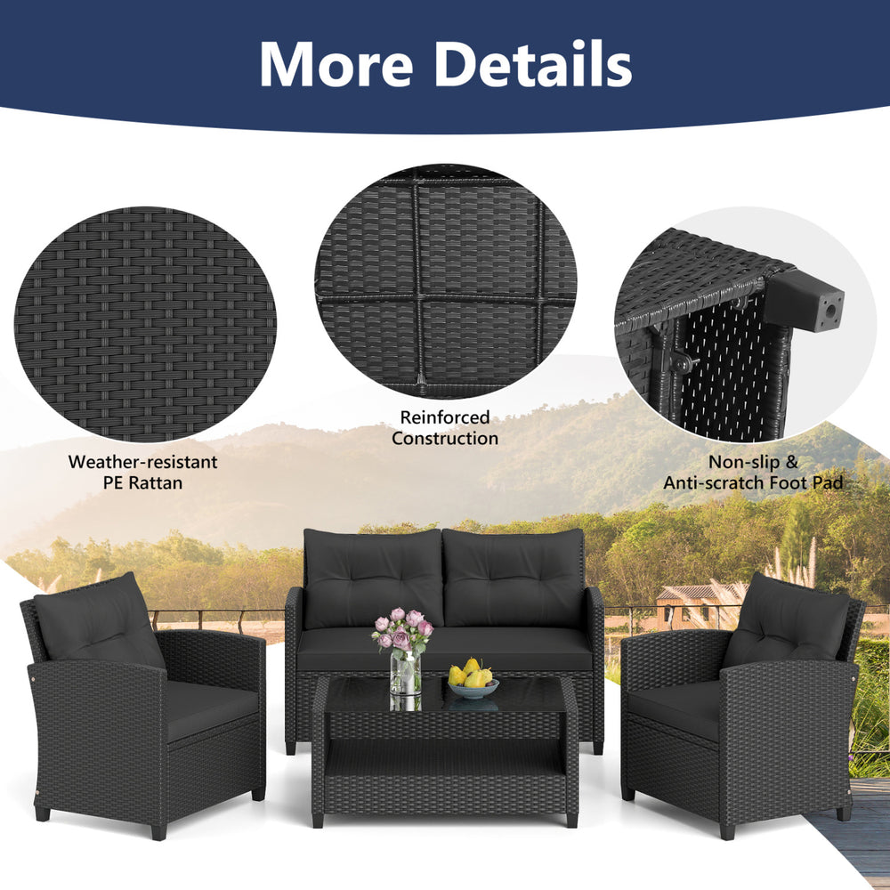 Black patio rattan conversation set with a glass top coffee table, featuring ergonomic design and weather-resistant materials.