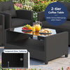 Black 2-tier coffee table with tempered glass top and open shelf for convenient storage in outdoor patio settings.