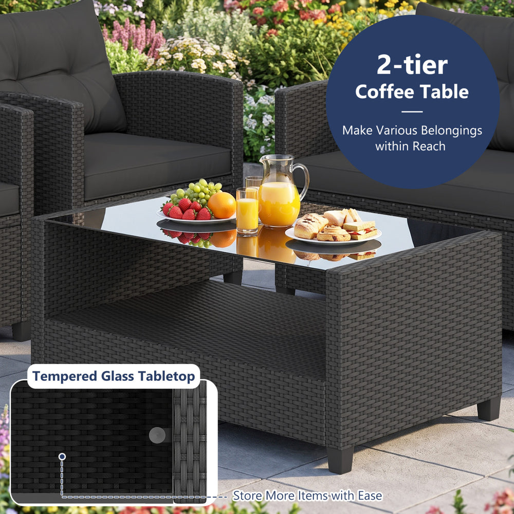 Black 2-tier coffee table with tempered glass top and open shelf for convenient storage in outdoor patio settings.