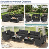 Black 8-piece patio rattan conversation set with glass top coffee table, ideal for outdoor relaxation in various settings.