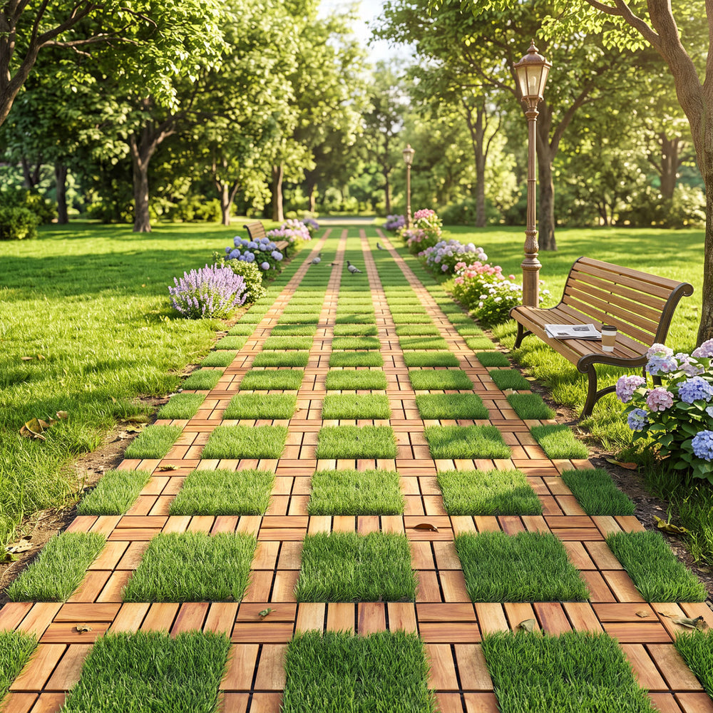 Acacia wood interlocking deck tiles with artificial grass create a natural pathway for outdoor spaces and gardens.