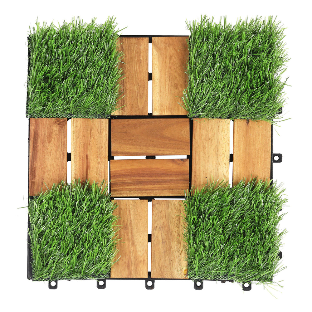 Interlocking deck tile featuring acacia wood and artificial grass, designed for easy installation and outdoor use.