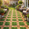 Set of 2 acacia wood interlocking deck tiles with artificial grass, designed for easy installation and outdoor use.