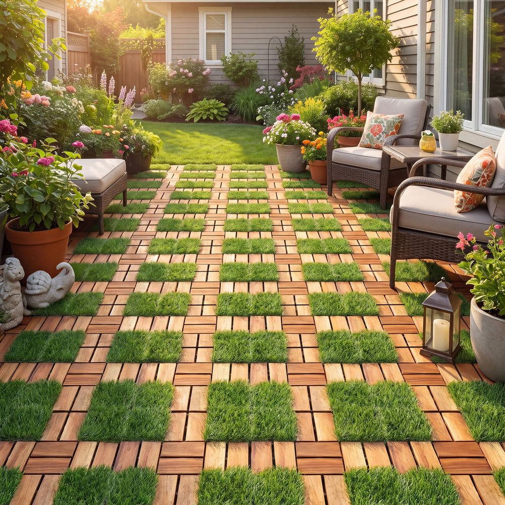 Set of 2 acacia wood interlocking deck tiles with artificial grass, designed for easy installation and outdoor use.