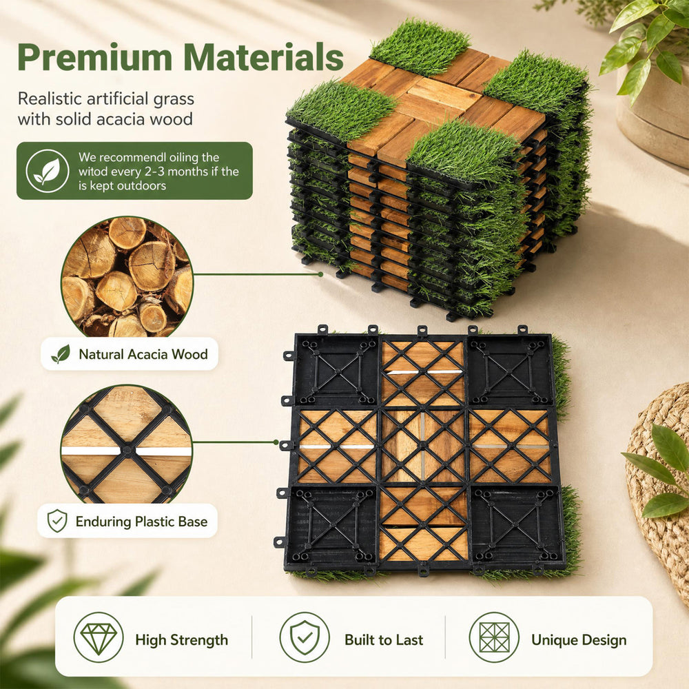 Set of 2 interlocking deck tiles featuring natural acacia wood and realistic artificial grass for easy outdoor installation.