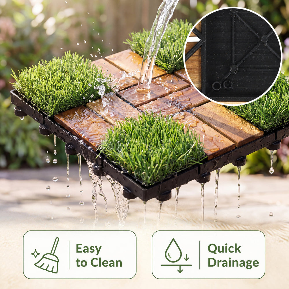 Acacia wood interlocking deck tiles with artificial grass feature quick drainage and easy cleaning for outdoor spaces.