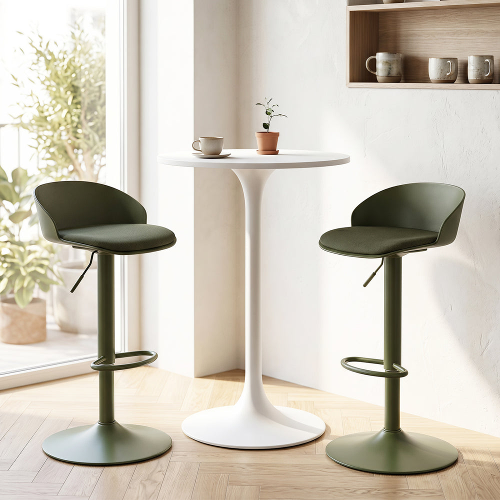 Adjustable green swivel bar stools with backrest and footrest, perfect for dining tables, support up to 330 lbs.