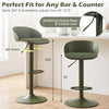 Adjustable green swivel bar stools with backrest and footrest, height adjustable from 24" to 32.5" for versatile seating.