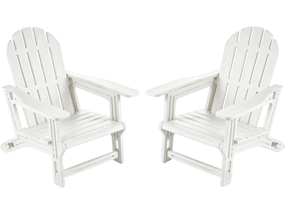 Set of 2 white all-weather outdoor kids patio chairs with ergonomic design and wide armrests for comfortable lounging.