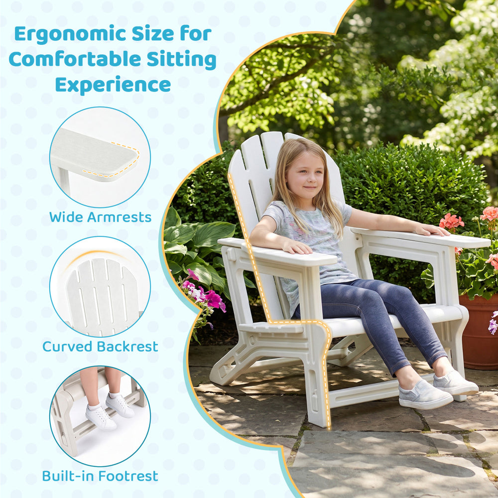 Ergonomic white kids patio chair set featuring wide armrests, curved backrest, and built-in footrest for outdoor comfort.