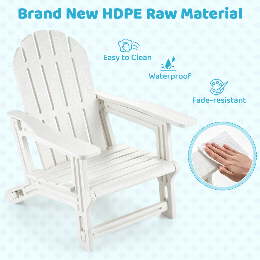 White HDPE outdoor kids patio chair features ergonomic design, wide armrests, and easy-to-clean surface for lasting comfort.
