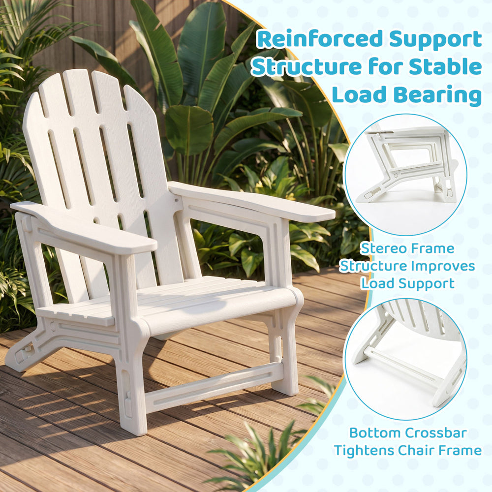 White all-weather outdoor kids patio chair features ergonomic design, wide armrests, and reinforced support for stable seating.