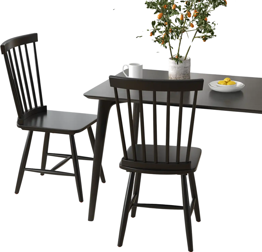 Set of 2 black Windsor dining chairs with high spindle back, featuring rubber wood frame and non-slip foot pads.