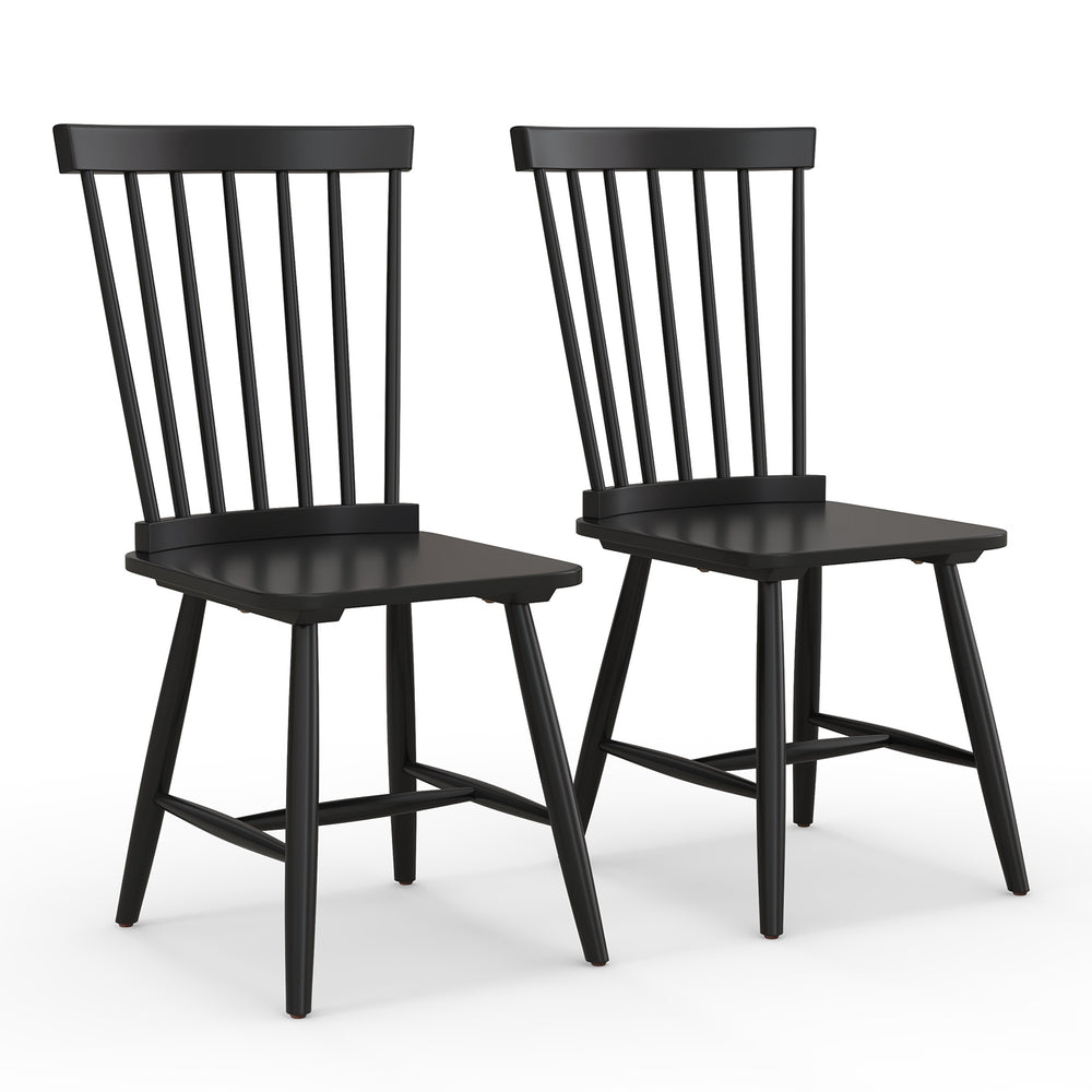 Set of 2 black Windsor dining chairs with high spindle backs, sturdy rubber wood frame, ideal for dining spaces.