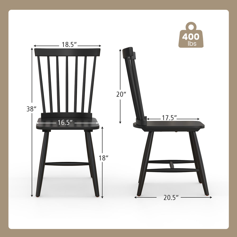 Windsor dining chair set with high spindle back, black rubber wood, 400 lbs capacity, ideal for stylish dining spaces.