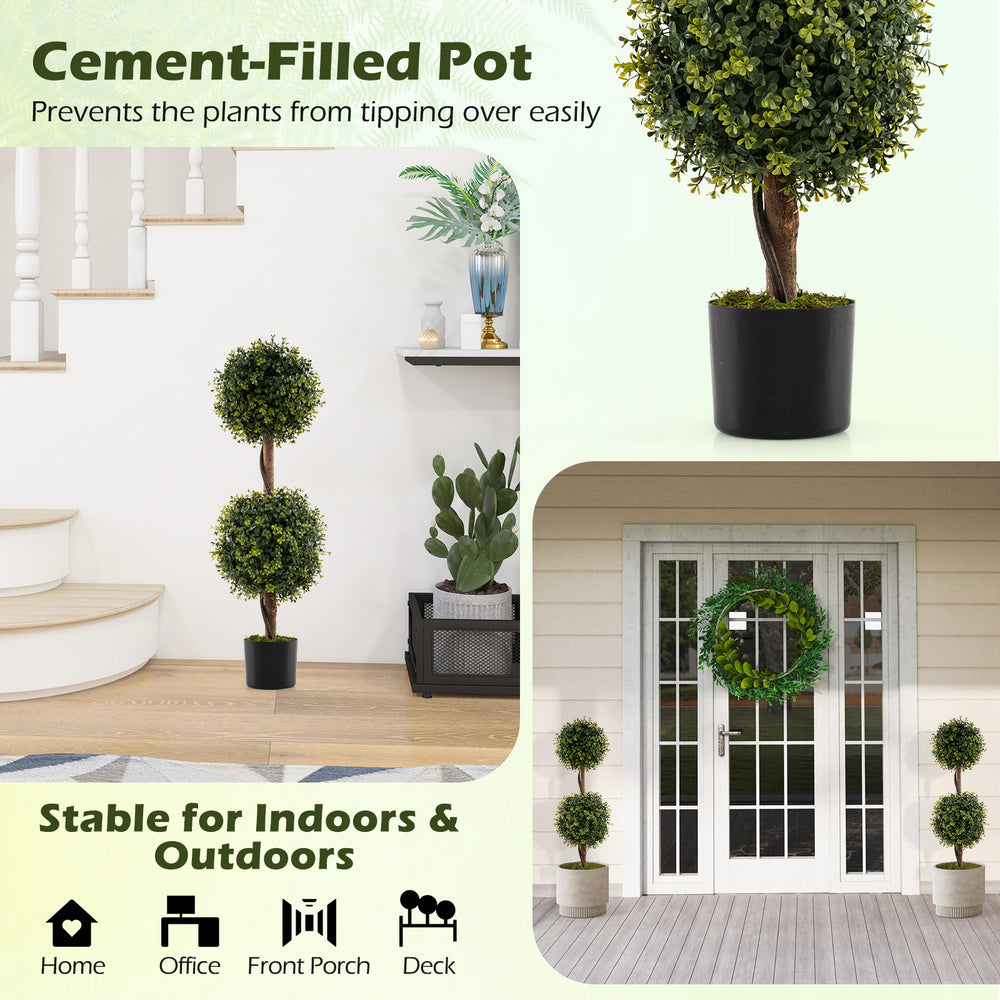 Set of 2 artificial double topiary ball trees in cement-filled pots, ideal for indoor and outdoor decoration.