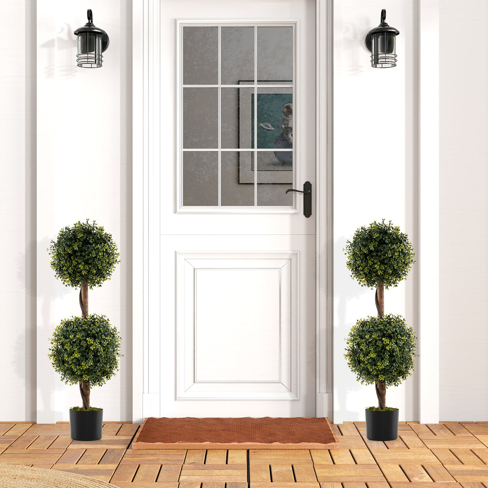 Set of 2 artificial double topiary ball trees with vivid leaves and solid birch trunks, perfect for front porch.