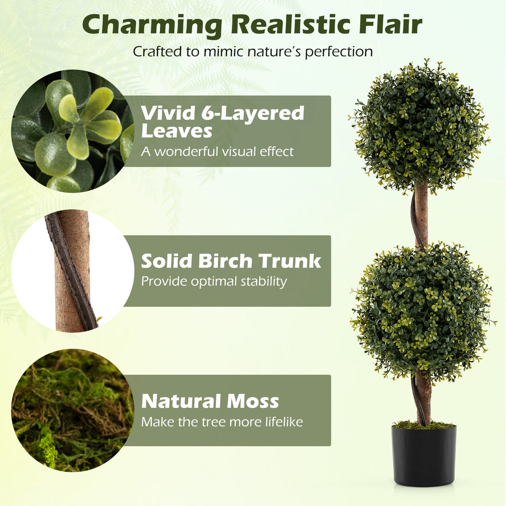 Artificial double topiary ball trees with vivid 6-layered leaves and solid birch trunk, perfect for home decoration.