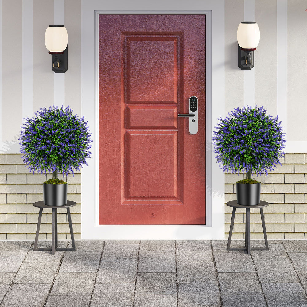Set of 2 artificial lavender topiary ball trees in cement-filled pots, perfect for indoor or outdoor decor.